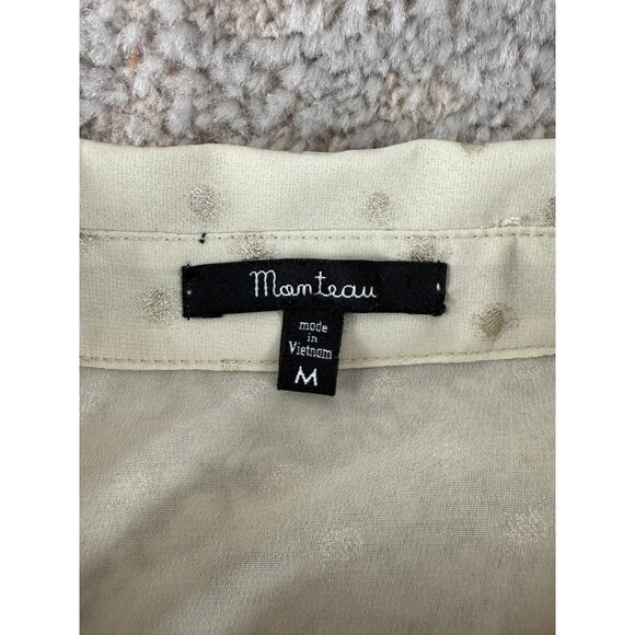Monteau Size M Polka Dot Semi Sheer Casual Button Top Beige Long Sleeve Collar - Picture 7 of 9